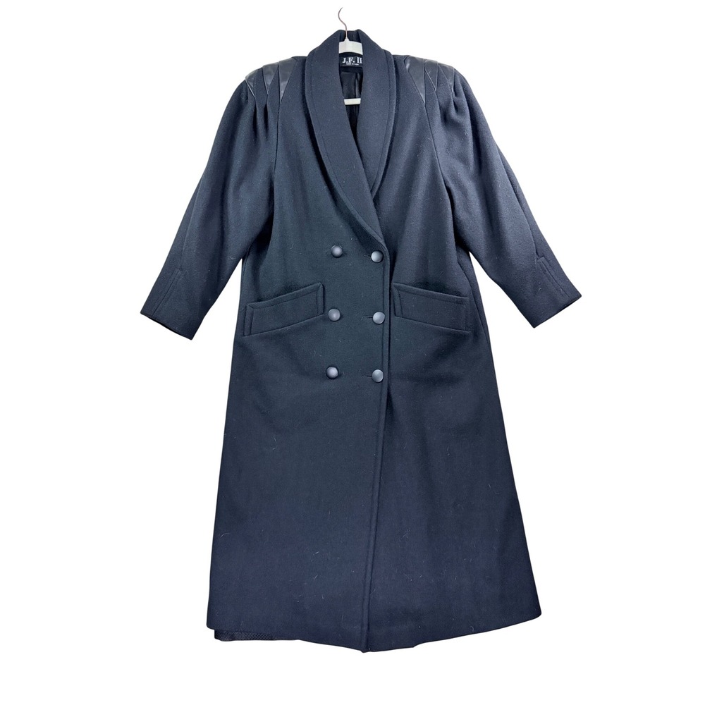 Vintage Jofeld Wool Coat Womens S/M Black Leather Trim Double Breasted Trench